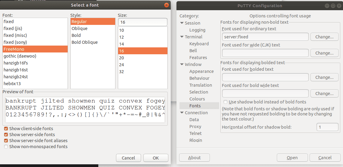 Putty Dialog for changing the font size. 