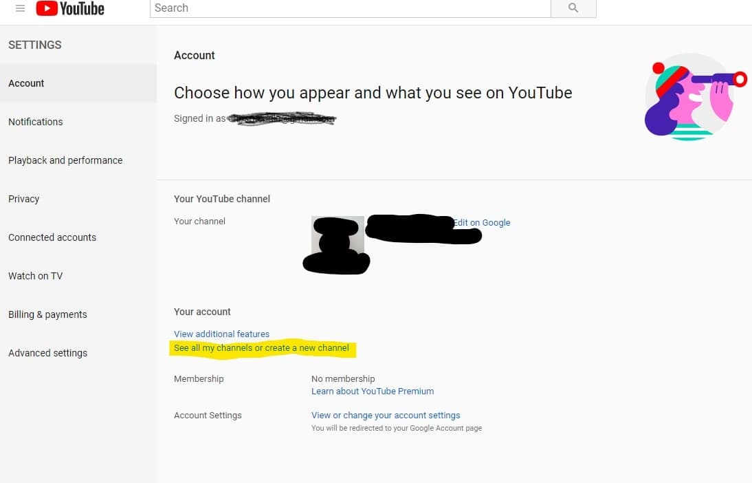 Youtube account - create edit channels
