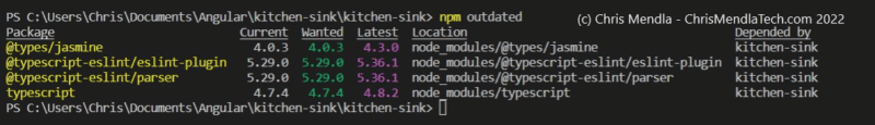 Results from 'npm outdated'