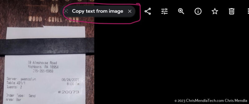 The Copy text from image button in Google Photos